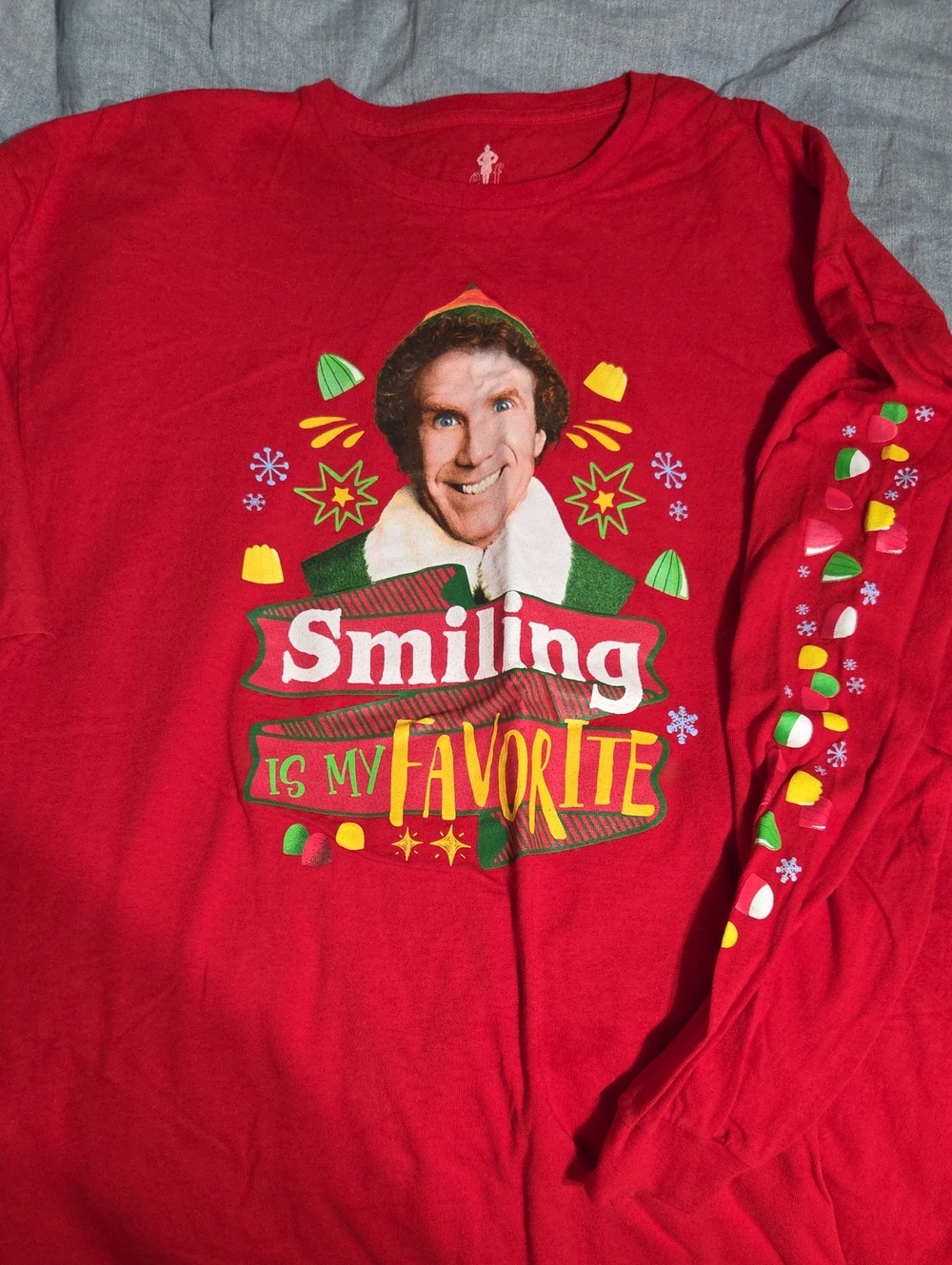 ELF Red Long Sleeve Graphic Tee with Multicolor Holiday Print